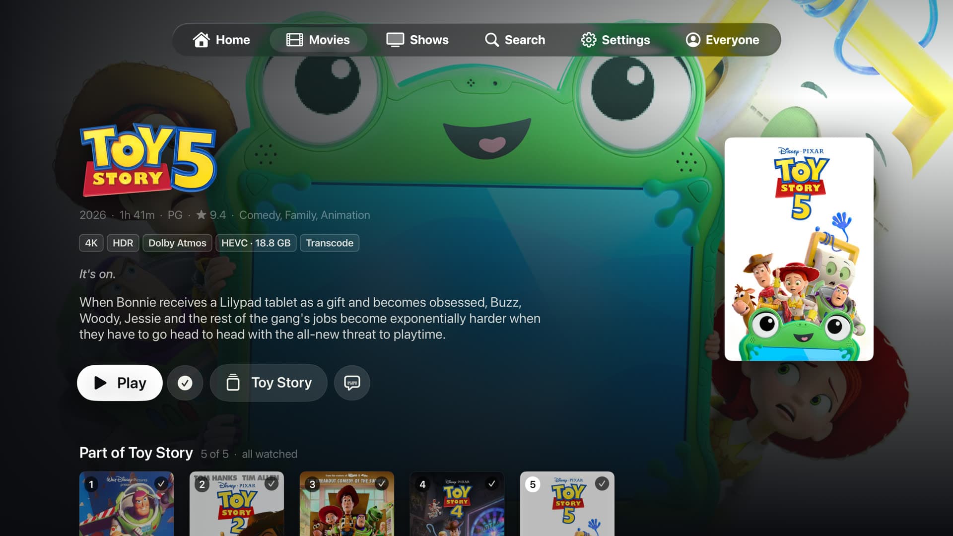 Movie page with 4K, HDR, Atmos, file size, and Direct Play or Transcode.